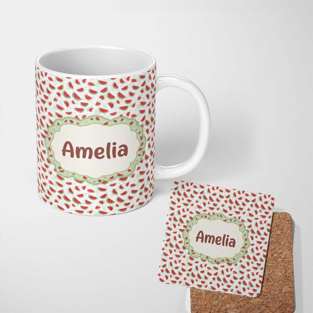 Personalized Custom Name Minimal Watermelon Slice Scatter Seamless Pattern Name Cute Unique 11oz Ceramic Coffee Tea Mug White Large Handle