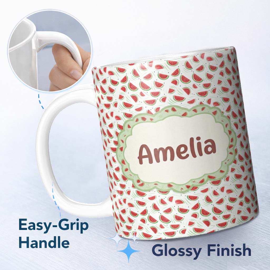 Personalized Custom Name Minimal Watermelon Slice Scatter Seamless Pattern Name Cute Unique 11oz Ceramic Coffee Tea Mug White Large Handle