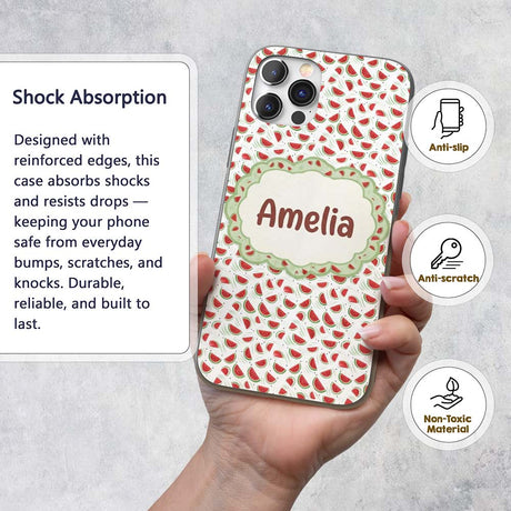 Minimal Watermelon Slice Scatter Seamless Pattern Custom Name Protective Phone Case Mobile Cover Durable Everyday Smartphone Shock Resistant