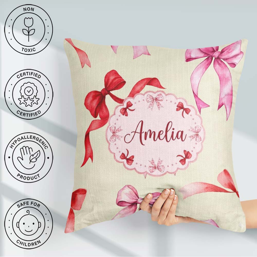 Custom Name Watercolor Ribbon Bow Seamless Pattern on Background Square Filled Cushion Throw Pillow Sofa Bed Home Decor Zip Washable UK Made