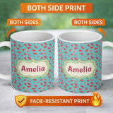 Personalized Custom Name Bright Blue Background Watermelon Slice Seamless Pattern Name Cute 11oz Ceramic Coffee Tea Mug White Large Handle