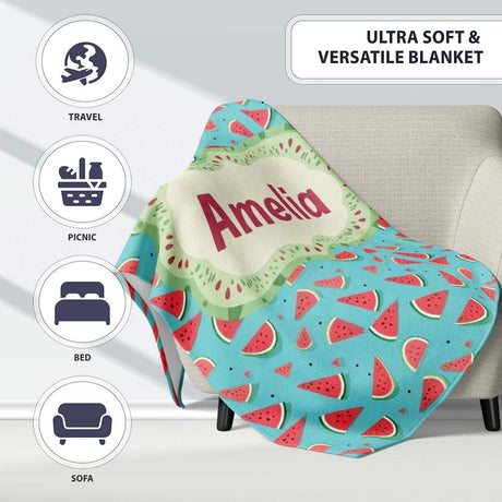 Bright Blue Background Watermelon Slice Seamless Pattern Name Cute  Personalised Custom Name Super Soft Fleece Blanket Bed Sofa Throw