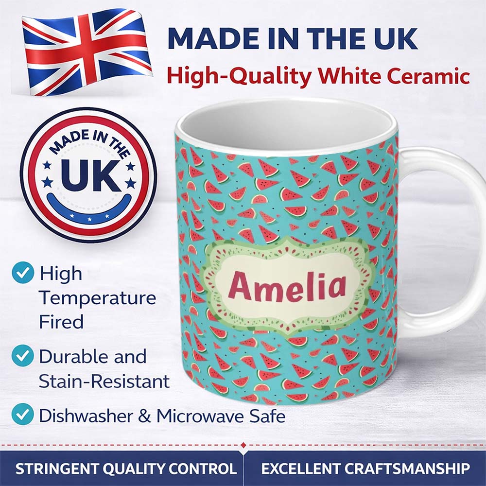 Personalized Custom Name Bright Blue Background Watermelon Slice Seamless Pattern Name Cute 11oz Ceramic Coffee Tea Mug White Large Handle