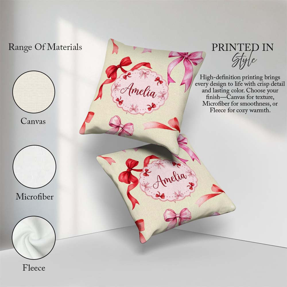 Custom Name Watercolor Ribbon Bow Seamless Pattern on Background Square Filled Cushion Throw Pillow Sofa Bed Home Decor Zip Washable UK Made