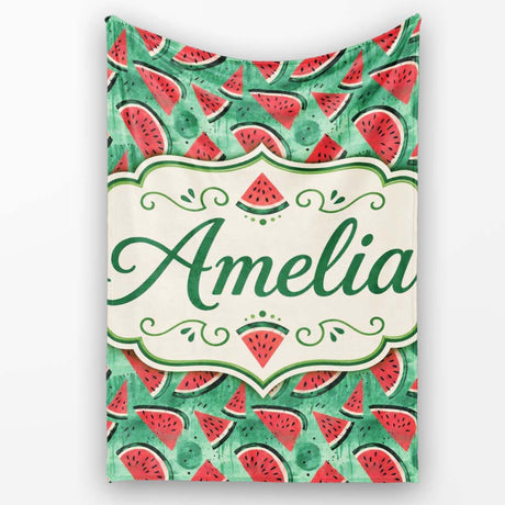 Textured Green Watermelon Slice Abstract Seamless Pattern Custom  Personalised Custom Name Super Soft Fleece Blanket Bed Sofa Throw