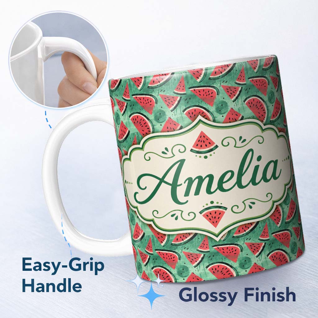 Personalized Custom Name Textured Green Watermelon Slice Abstract Seamless Pattern Custom 11oz Ceramic Coffee Tea Mug White Large Handle