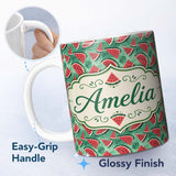Personalized Custom Name Textured Green Watermelon Slice Abstract Seamless Pattern Custom 11oz Ceramic Coffee Tea Mug White Large Handle