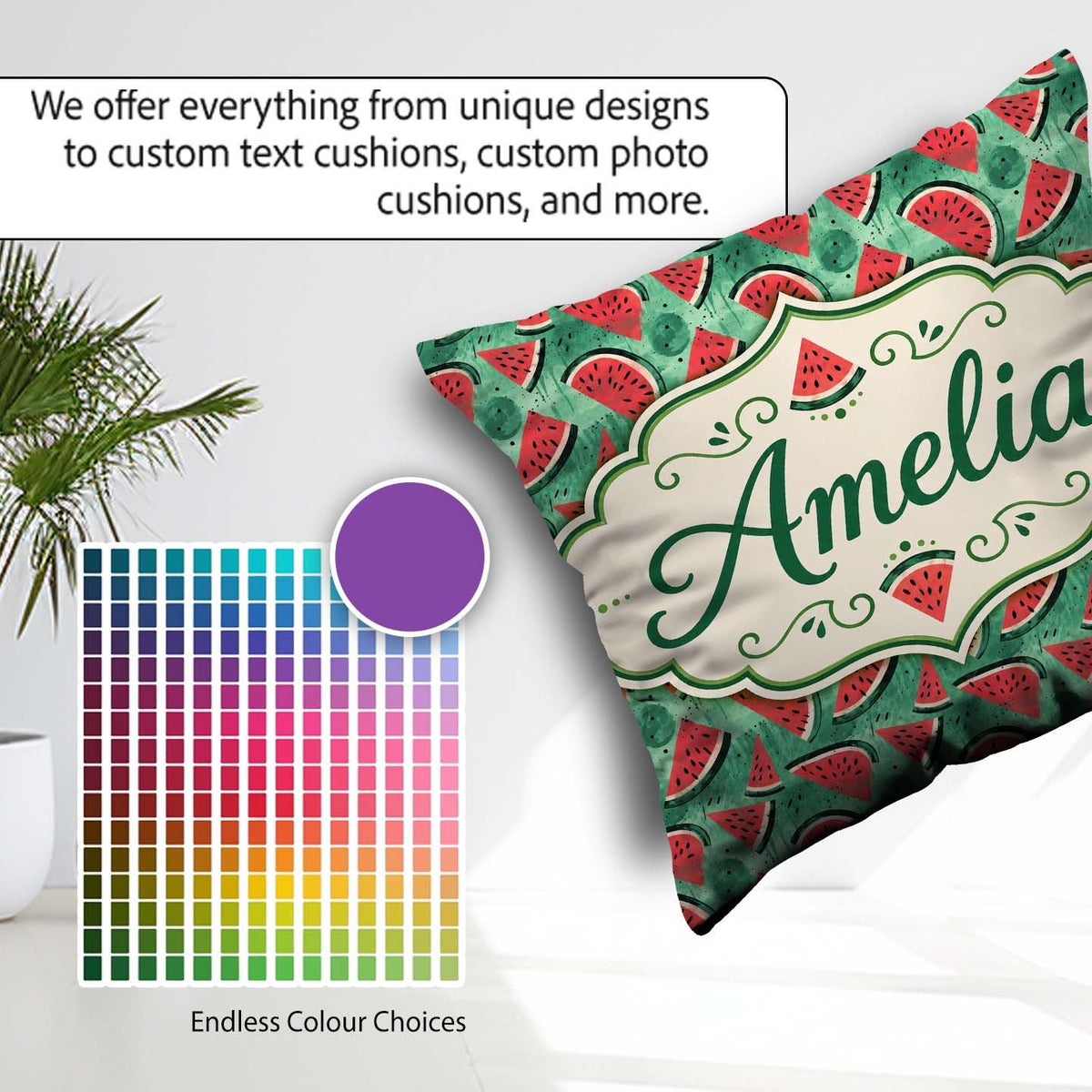 Custom Name Textured Watermelon Abstract Seamless Pattern Custom Square Filled Cushion Throw Pillow Sofa Bed Home Decor Zip Washable UK Made