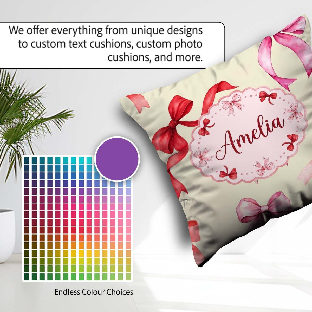Custom Name Watercolor Ribbon Bow Seamless Pattern on Background Square Filled Cushion Throw Pillow Sofa Bed Home Decor Zip Washable UK Made