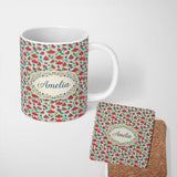 Personalized Custom Name Fresh Watermelon and Botanical Elements Seamless Pattern Name Cute 11oz Ceramic Coffee Tea Mug White Large Handle