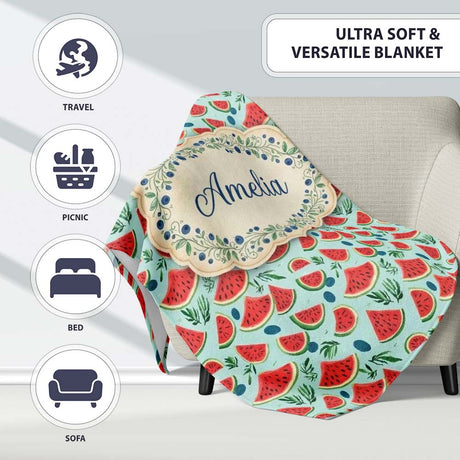 Fresh Watermelon and Botanical Elements Seamless Pattern Name Cute  Personalised Custom Name Super Soft Fleece Blanket Bed Sofa Throw