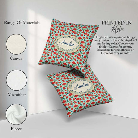 Custom Name Fresh Watermelon and Botanical Elements Pattern Name Square Filled Cushion Throw Pillow Sofa Bed Home Decor Zip Washable UK Made