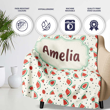 Cute Small Watermelon Slice Dots Seamless Pattern Name Unique Gift  Personalised Custom Name Super Soft Fleece Blanket Bed Sofa Throw