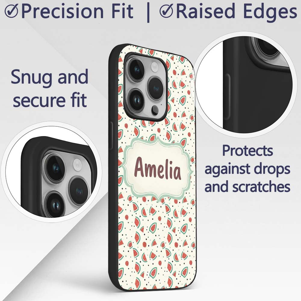 Cute Small Watermelon Slice Dots Seamless Pattern Custom Name Protective Phone Case Mobile Cover Durable Everyday Smartphone Shock Resistant