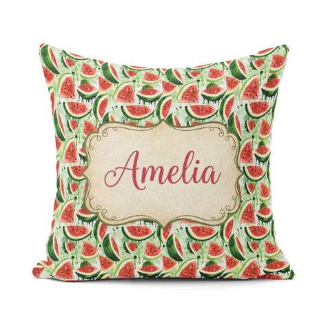 Custom Name Artistic Watermelon Slice Seamless Pattern Name Cute Square Filled Cushion Throw Pillow Sofa Bed Home Decor Zip Washable UK Made