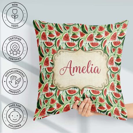 Custom Name Artistic Watermelon Slice Seamless Pattern Name Cute Square Filled Cushion Throw Pillow Sofa Bed Home Decor Zip Washable UK Made