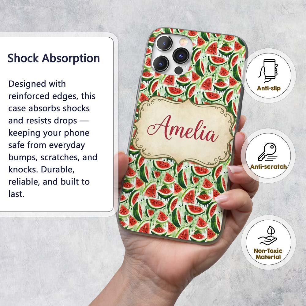 Artistic Watermelon Slice Splash Seamless Pattern Custom Name Protective Phone Case Mobile Cover Durable Everyday Smartphone Shock Resistant