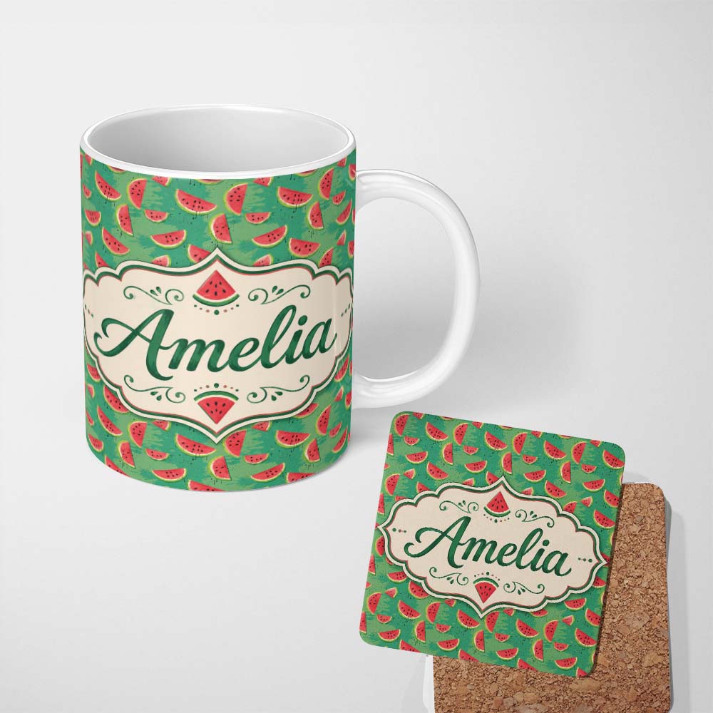 Personalized Custom Name Watermelon Slices on Green Painted Background Seamless Pattern Name 11oz Ceramic Coffee Tea Mug White Large Handle
