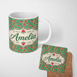 Personalized Custom Name Watermelon Slices on Green Painted Background Seamless Pattern Name 11oz Ceramic Coffee Tea Mug White Large Handle