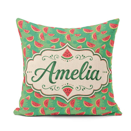 Custom Name Watermelon on Green Painted Background Seamless Name Square Filled Cushion Throw Pillow Sofa Bed Home Decor Zip Washable UK Made