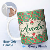 Personalized Custom Name Watermelon Slices on Green Painted Background Seamless Pattern Name 11oz Ceramic Coffee Tea Mug White Large Handle