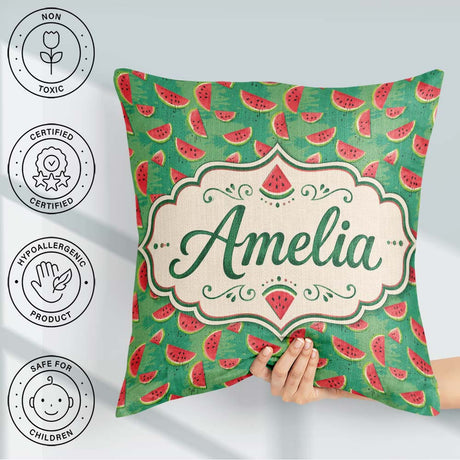 Custom Name Watermelon on Green Painted Background Seamless Name Square Filled Cushion Throw Pillow Sofa Bed Home Decor Zip Washable UK Made