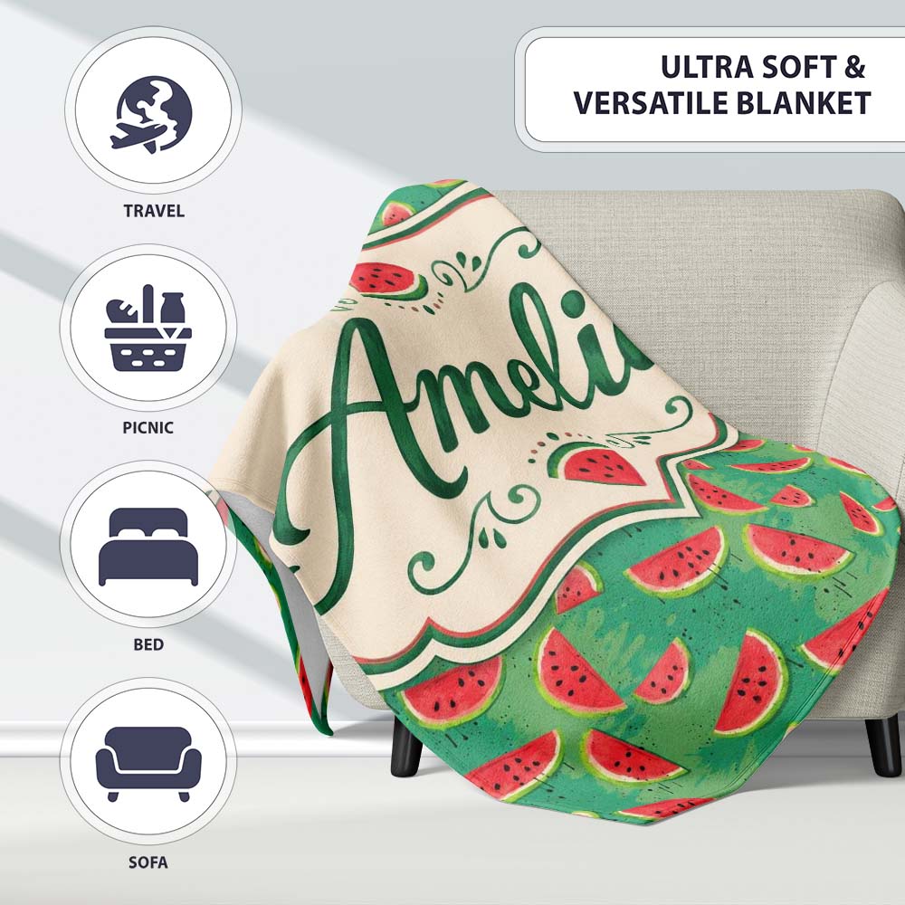 Watermelon Slices on Green Painted Background Seamless Pattern Name  Personalised Custom Name Super Soft Fleece Blanket Bed Sofa Throw
