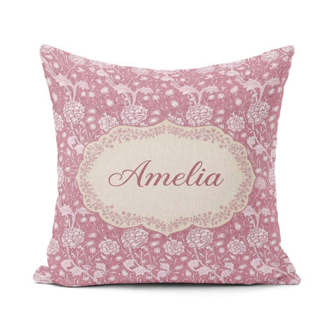 Custom Name Vintage Pink Floral Botanical Seamless Pattern Name Square Filled Cushion Throw Pillow Sofa Bed Home Decor Zip Washable UK Made