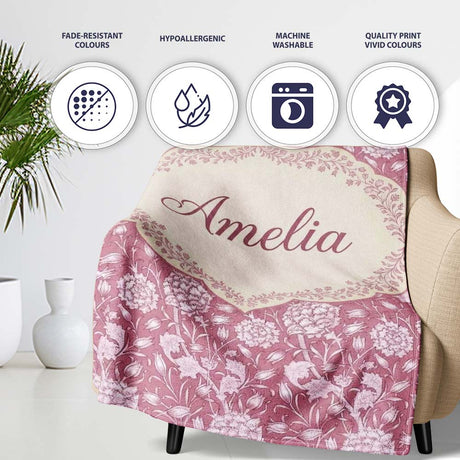 Vintage Pink Floral Botanical Garden Seamless Pattern Name Cute  Personalised Custom Name Super Soft Fleece Blanket Bed Sofa Throw