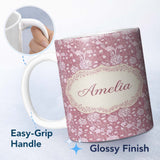 Personalized Custom Name Vintage Pink Floral Botanical Garden Seamless Pattern Name Cute 11oz Ceramic Coffee Tea Mug White Large Handle