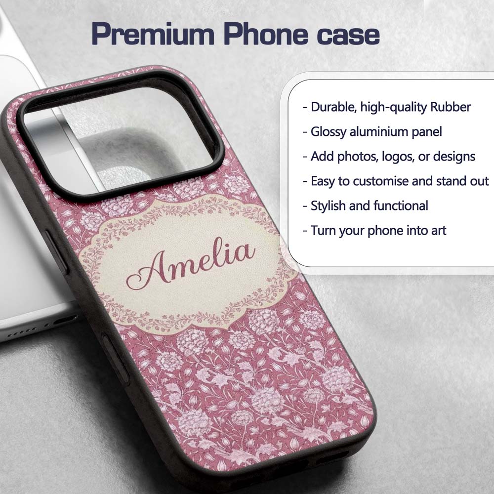 Vintage Pink Floral Botanical Garden Seamless Custom Name Protective Phone Case Mobile Cover Durable Everyday Smartphone Shock Resistant
