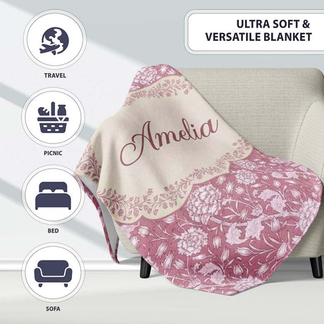 Vintage Pink Floral Botanical Garden Seamless Pattern Name Cute  Personalised Custom Name Super Soft Fleece Blanket Bed Sofa Throw