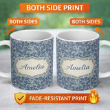 Personalized Custom Name Blue Floral Vine Classic Heritage Seamless Pattern Name Cute Unique 11oz Ceramic Coffee Tea Mug White Large Handle