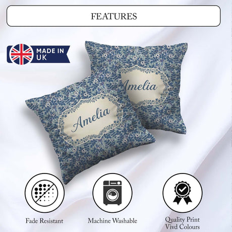 Custom Name Blue Floral Vine Classic Heritage Seamless Name Cute Square Filled Cushion Throw Pillow Sofa Bed Home Decor Zip Washable UK Made