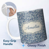 Personalized Custom Name Blue Floral Vine Classic Heritage Seamless Pattern Name Cute Unique 11oz Ceramic Coffee Tea Mug White Large Handle