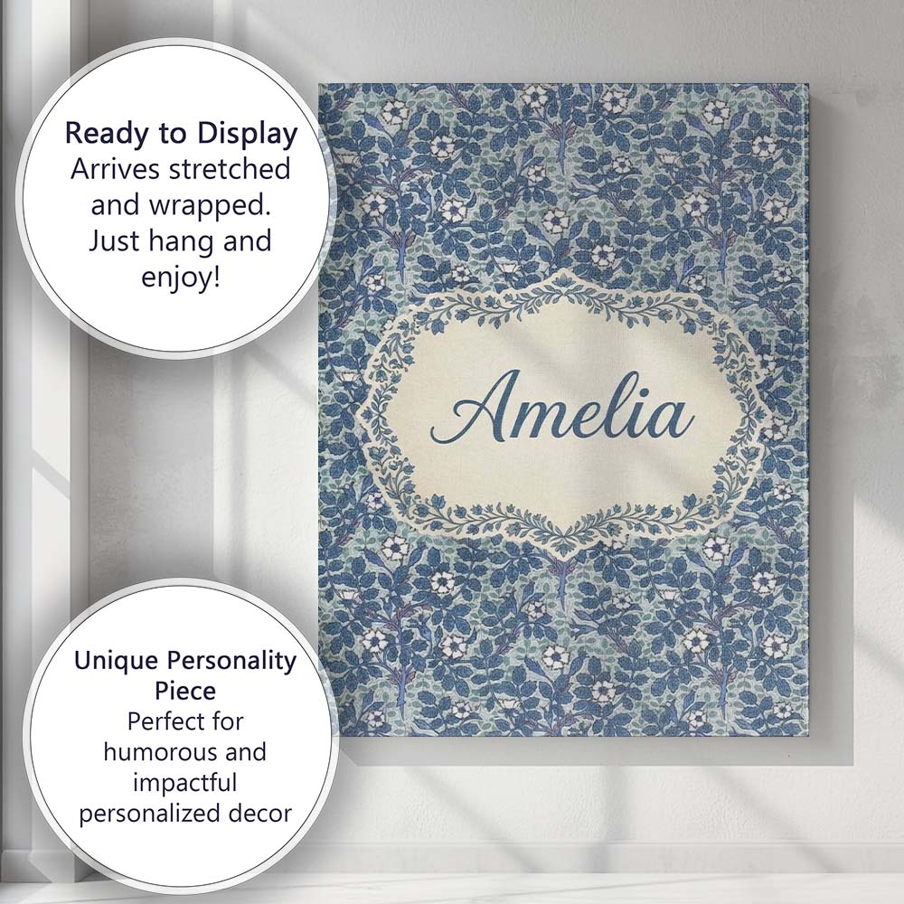 Personalised Name Blue Floral Vine Classic Custom  Unique Gift Idea Elegant Feature Canvas Wall Art Print Decor Picture Ready to Hang