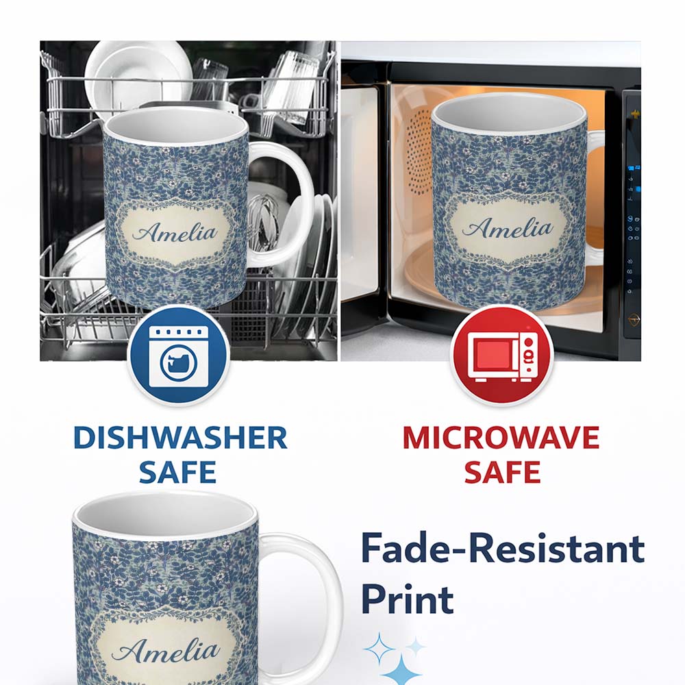 Personalized Custom Name Blue Floral Vine Classic Heritage Seamless Pattern Name Cute Unique 11oz Ceramic Coffee Tea Mug White Large Handle