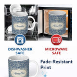 Personalized Custom Name Blue Floral Vine Classic Heritage Seamless Pattern Name Cute Unique 11oz Ceramic Coffee Tea Mug White Large Handle