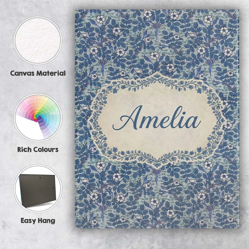 Personalised Name Blue Floral Vine Classic Custom  Unique Gift Idea Elegant Feature Canvas Wall Art Print Decor Picture Ready to Hang