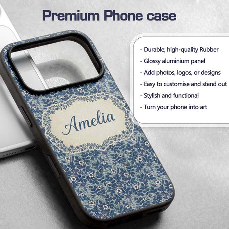 Blue Floral Vine Classic Heritage Printed Design Custom Name Protective Phone Case Mobile Cover Durable Everyday Smartphone Shock Resistant