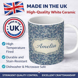 Personalized Custom Name Blue Floral Vine Classic Heritage Seamless Pattern Name Cute Unique 11oz Ceramic Coffee Tea Mug White Large Handle
