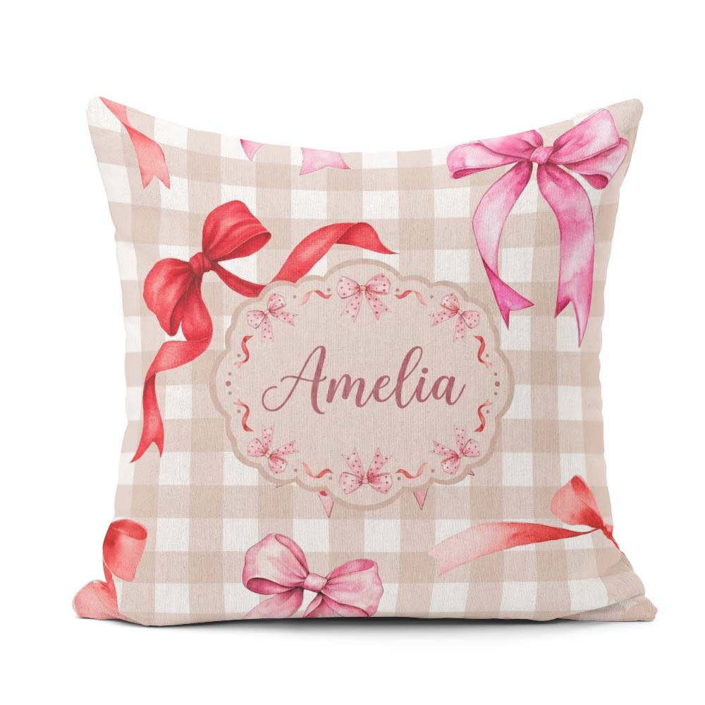 Custom Name Watercolor Ribbon Bow Seamless Pattern Taupe Gingham Square Filled Cushion Throw Pillow Sofa Bed Home Decor Zip Washable UK Made