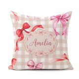 Custom Name Watercolor Ribbon Bow Seamless Pattern Taupe Gingham Square Filled Cushion Throw Pillow Sofa Bed Home Decor Zip Washable UK Made