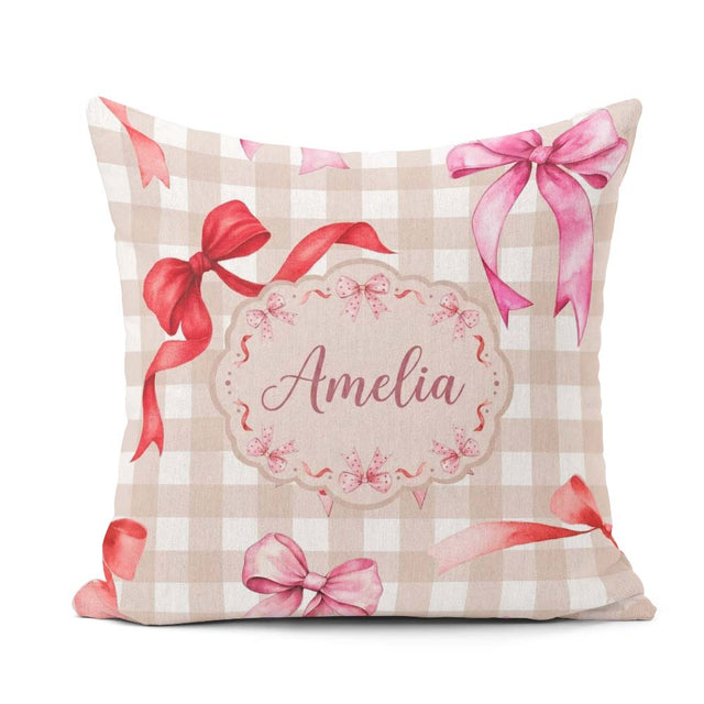 Custom Name Watercolor Ribbon Bow Seamless Pattern Taupe Gingham Square Filled Cushion Throw Pillow Sofa Bed Home Decor Zip Washable UK Made