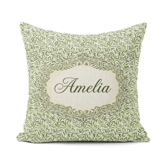 Custom Name Green Leaf Botanical Nature Repeat Pattern Name Cute Square Filled Cushion Throw Pillow Sofa Bed Home Decor Zip Washable UK Made