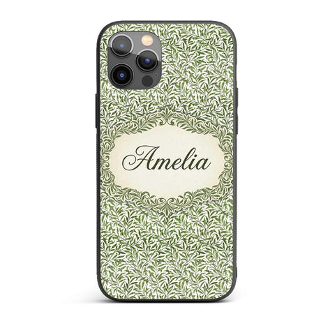 Green Leaf Botanical Nature Repeat Printed Design Custom Name Protective Phone Case Mobile Cover Durable Everyday Smartphone Shock Resistant