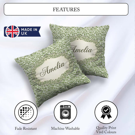 Custom Name Green Leaf Botanical Nature Repeat Pattern Name Cute Square Filled Cushion Throw Pillow Sofa Bed Home Decor Zip Washable UK Made