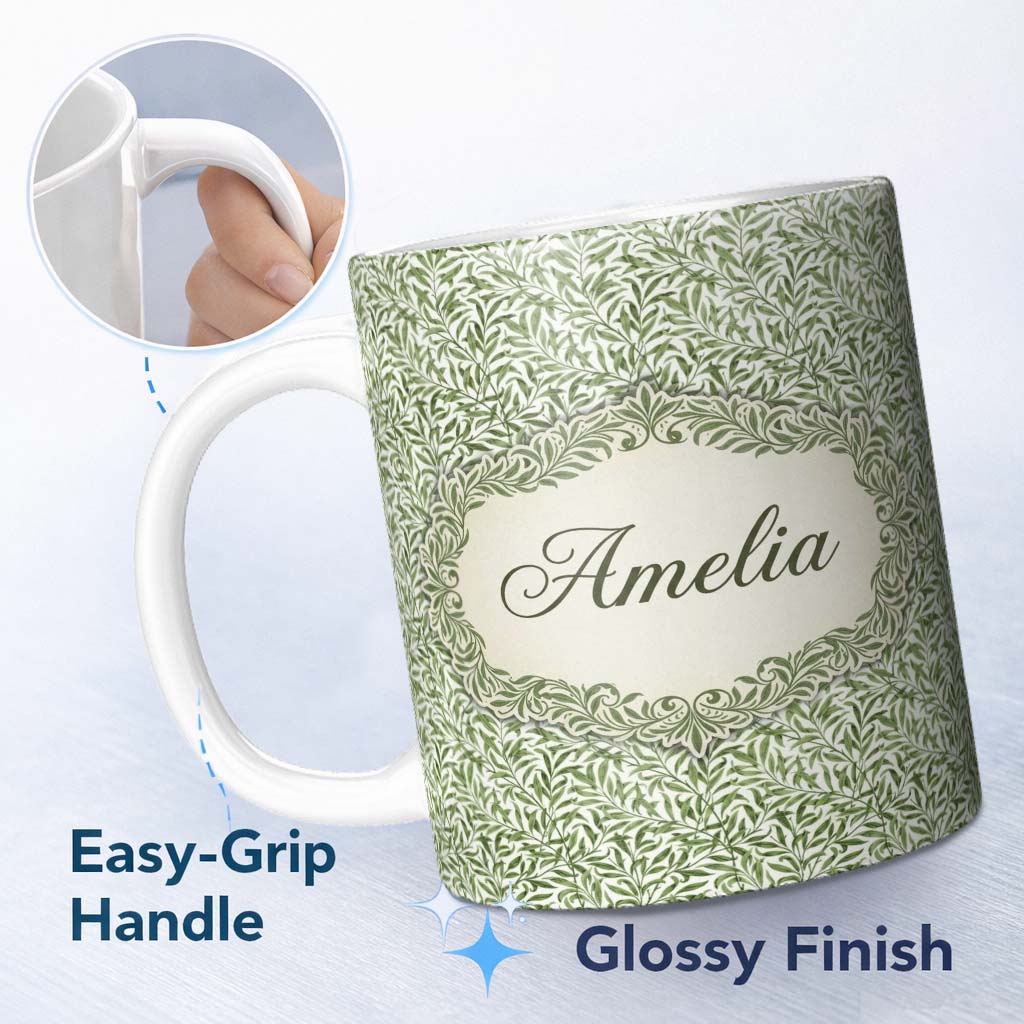 Personalized Custom Name Green Leaf Botanical Nature Repeat Seamless Pattern Name Cute 11oz Ceramic Coffee Tea Mug White Large Handle