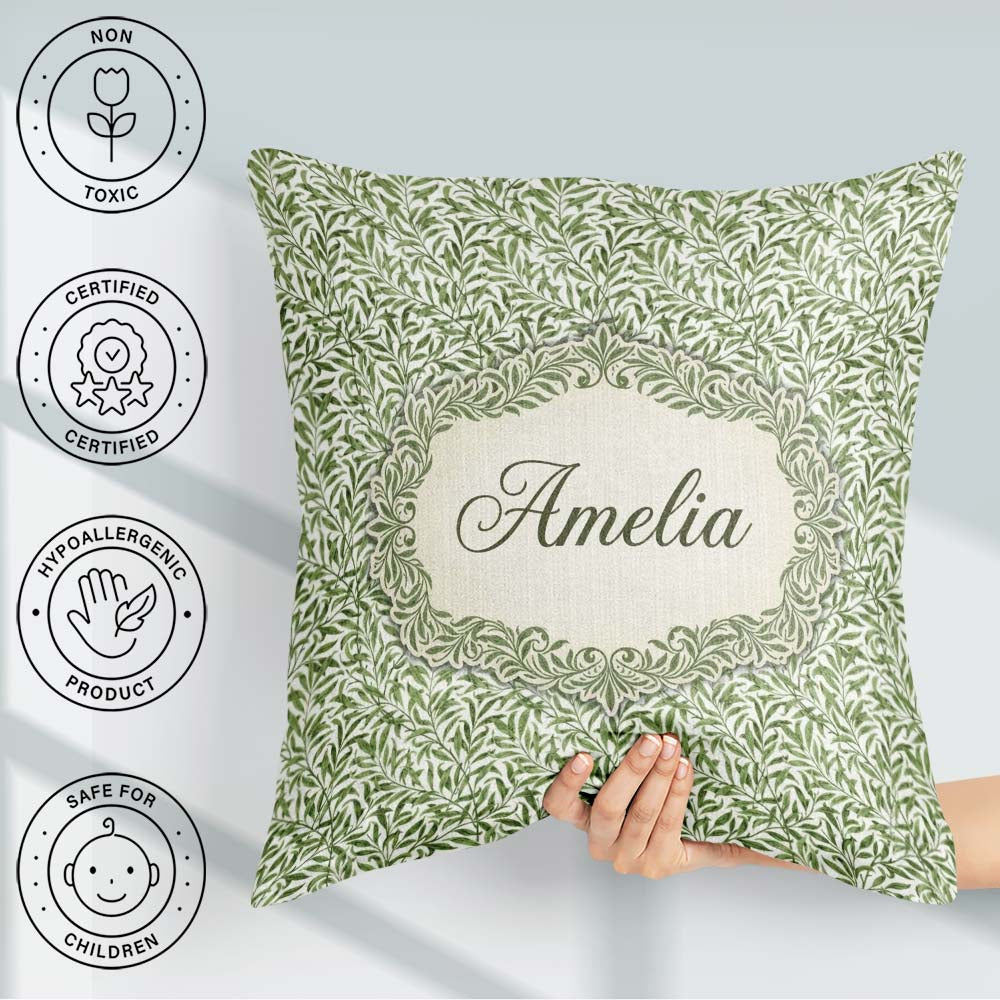 Custom Name Green Leaf Botanical Nature Repeat Pattern Name Cute Square Filled Cushion Throw Pillow Sofa Bed Home Decor Zip Washable UK Made