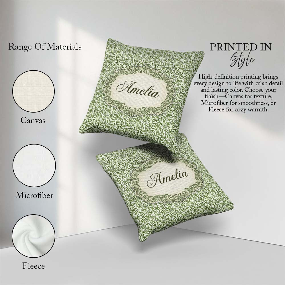 Custom Name Green Leaf Botanical Nature Repeat Pattern Name Cute Square Filled Cushion Throw Pillow Sofa Bed Home Decor Zip Washable UK Made